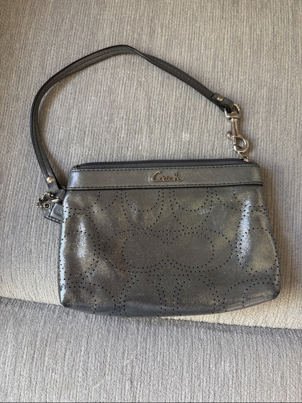 Coach Metallic Charcoal Perforated Wristlet